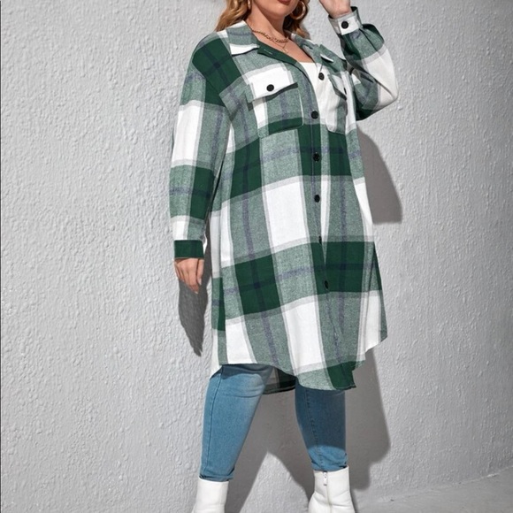 Plus Size Plaid Pocket Light Jacket Shacket Long Shirt Green BELT NOT INCLUDED - Picture 3 of 16